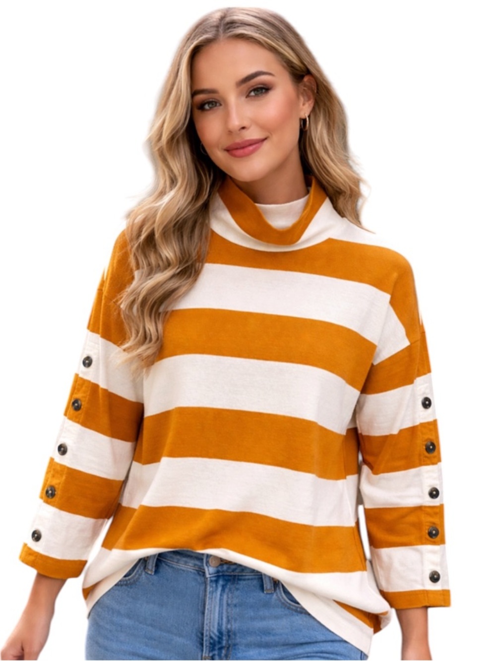 Madewell Mustard White Nautical Striped Mock Neck Button Sleeve Top XS
DD